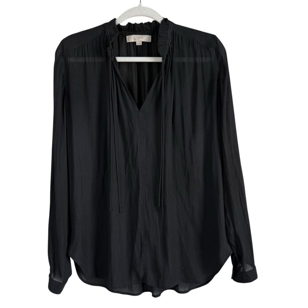 Loft Women's‎ Small Sheer Long Sleeve Smocked Tie Neck Blouse Black Casual